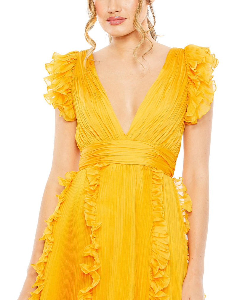 MD-49539 Frilled Long Dress-Yellow chiffon by Mac Duggal in yellow color for women Worldwide