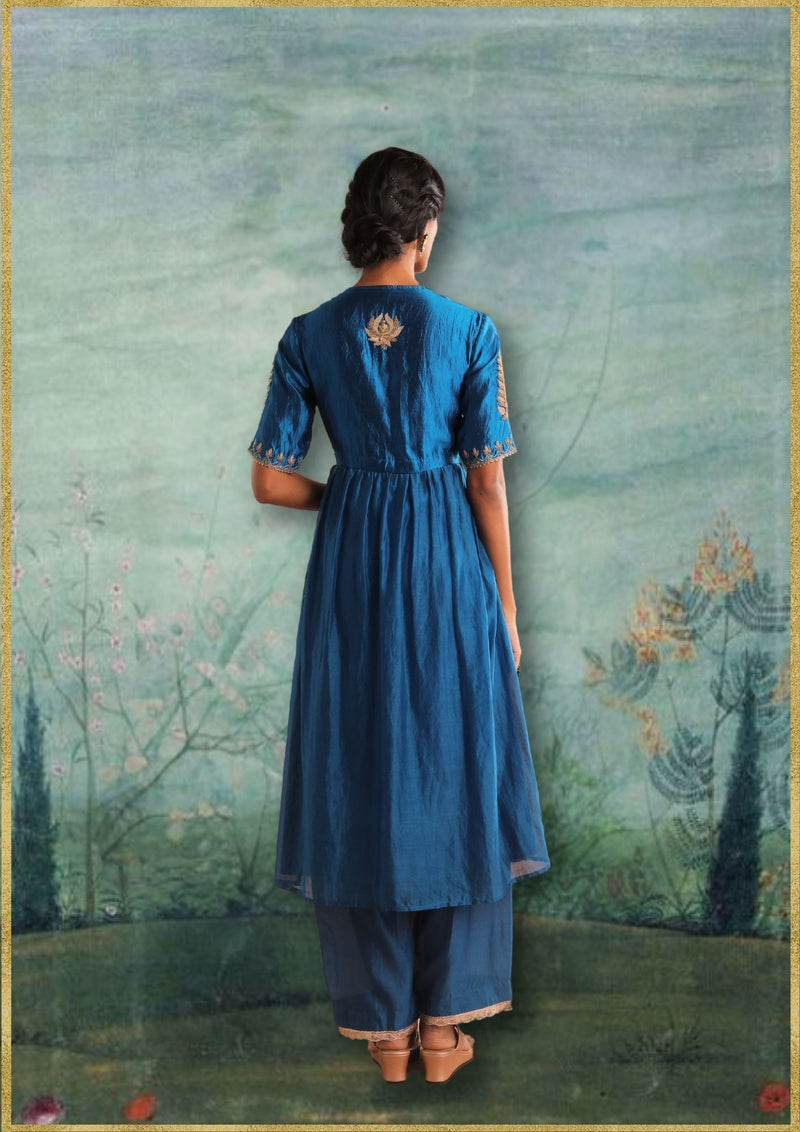 Peacock Blue Kurta Set by Myoho in blue color for women Worldwide