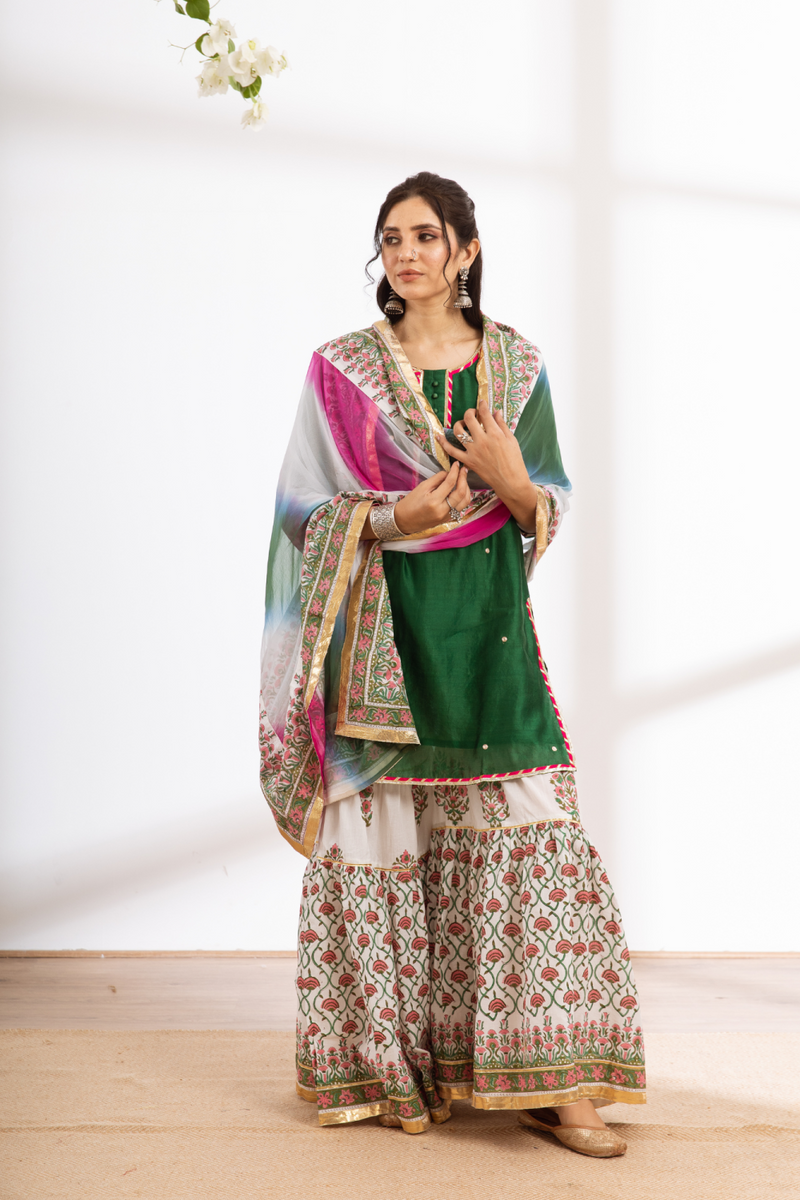 Rasika Harita Sharara Set - green hand block printed chanderi sharara set chanderi by Maison Shefali in green color for women Worldwide