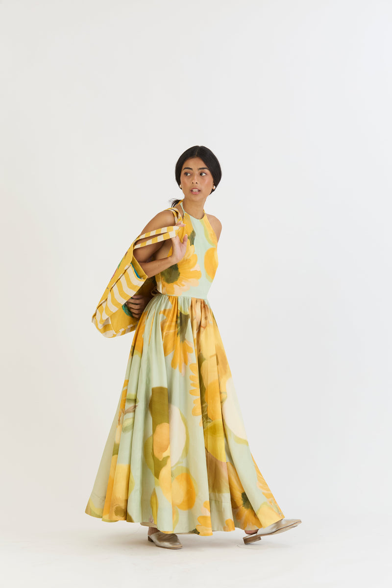 LEMONADE HALTER NECK DRESS satin by Yam in yellow color for women Worldwide