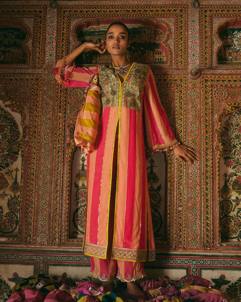 Khel Pink and Nude Yokr Embellished Jacket Kurta Set mul by Rajiramniq in multi color for women Worldwide