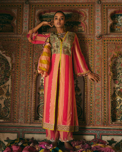 Khel Pink and Nude Yokr Embellished Jacket Kurta Set