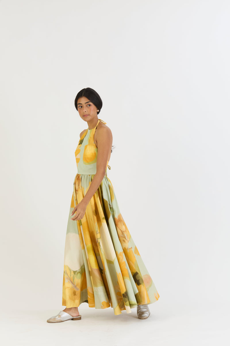 LEMONADE HALTER NECK DRESS satin by Yam in yellow color for women Worldwide