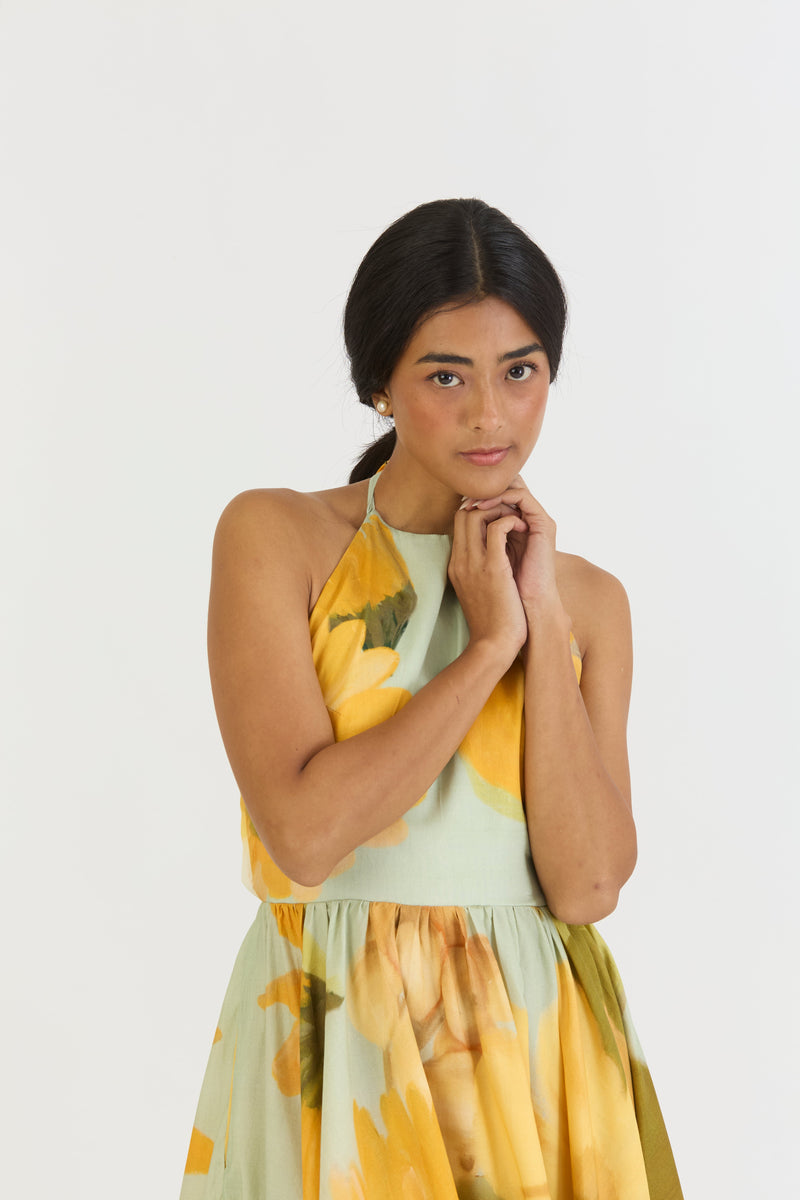 LEMONADE HALTER NECK DRESS satin by Yam in yellow color for women Worldwide