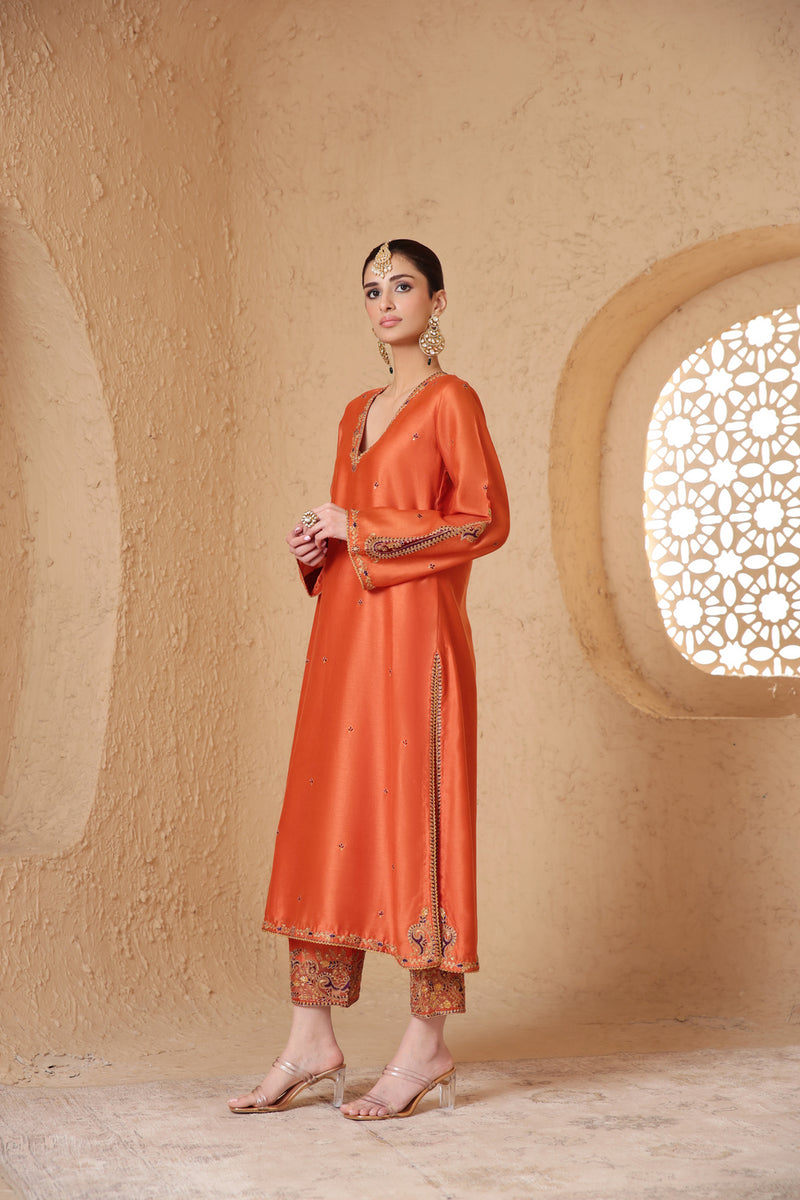 Mehrang Orange Applique Kurta Set silk chanderi , silk tencel kurta/kurta set by Niti Bothra in orange for women Worldwide