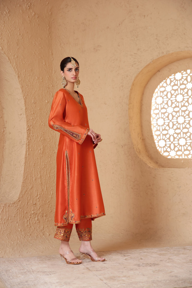 Mehrang Orange Applique Kurta Set silk chanderi , silk tencel kurta/kurta set by Niti Bothra in orange for women Worldwide