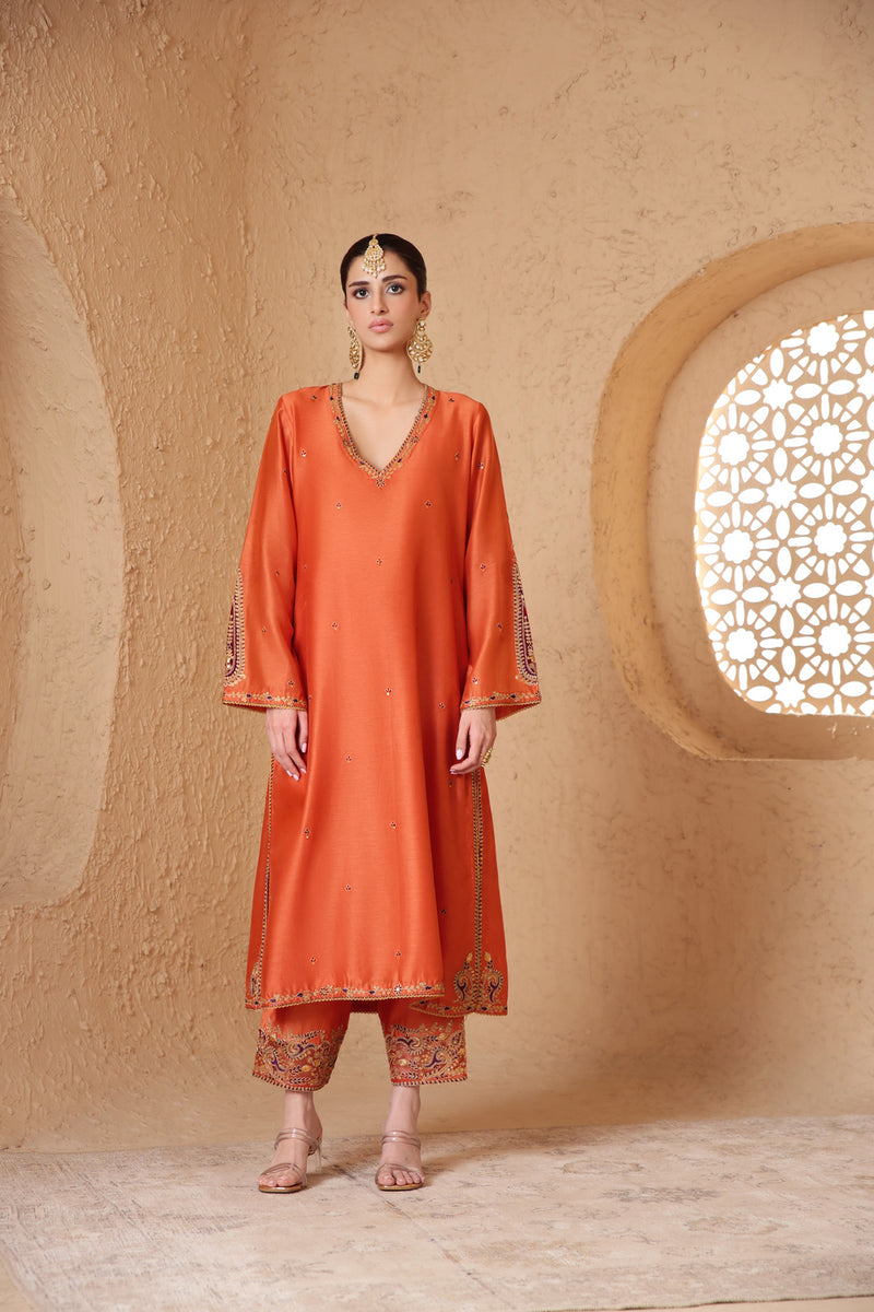 Mehrang Orange Applique Kurta Set silk chanderi , silk tencel kurta/kurta set by Niti Bothra in orange for women Worldwide