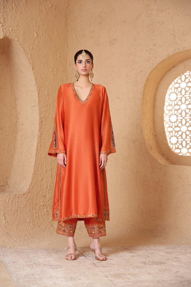 Mehrang Orange Applique Kurta Set silk chanderi , silk tencel kurta/kurta set by Niti Bothra in orange for women Worldwide