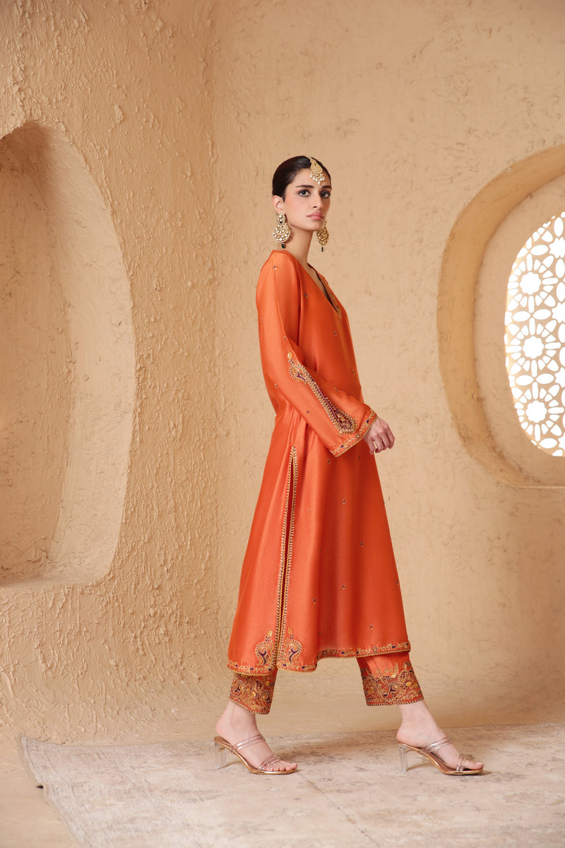 Mehrang Orange Applique Kurta Set silk chanderi , silk tencel kurta/kurta set by Niti Bothra in orange for women Worldwide