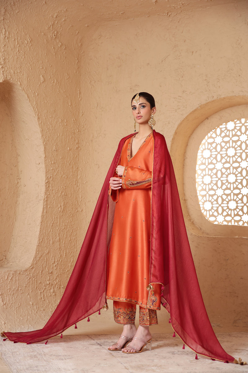 Mehrang Orange Applique Kurta Set silk chanderi , silk tencel kurta/kurta set by Niti Bothra in orange for women Worldwide