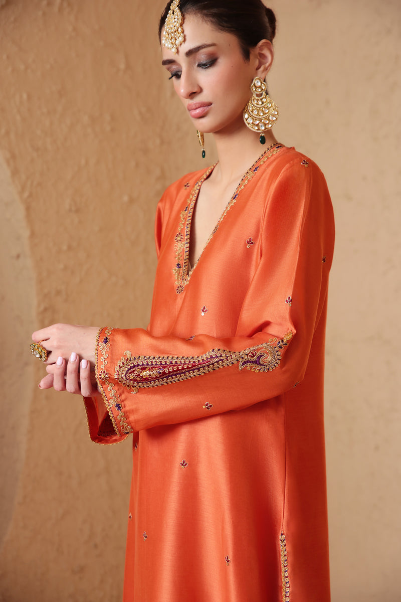 Mehrang Orange Applique Kurta Set silk chanderi , silk tencel kurta/kurta set by Niti Bothra in orange for women Worldwide