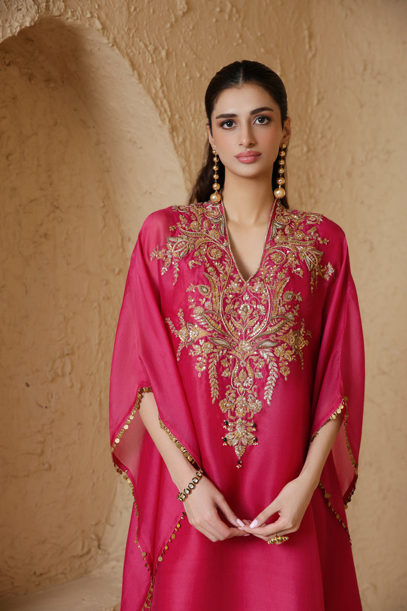 Zar-Rang Pink Heavy Kaftan Set organza kurta/kurta set by Niti Bothra in pink for women Worldwide
