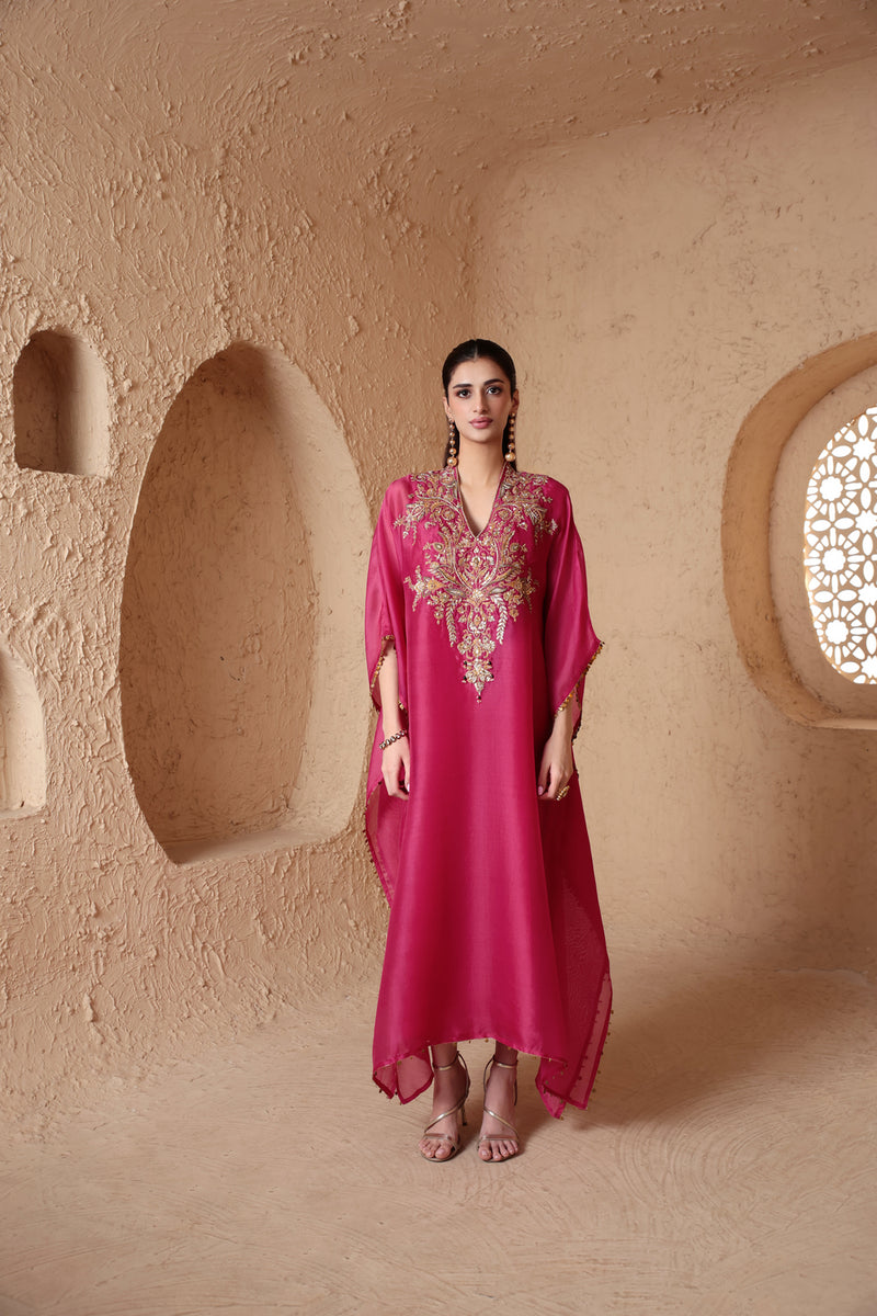 Zar-Rang Pink Heavy Kaftan Set organza kurta/kurta set by Niti Bothra in pink for women Worldwide