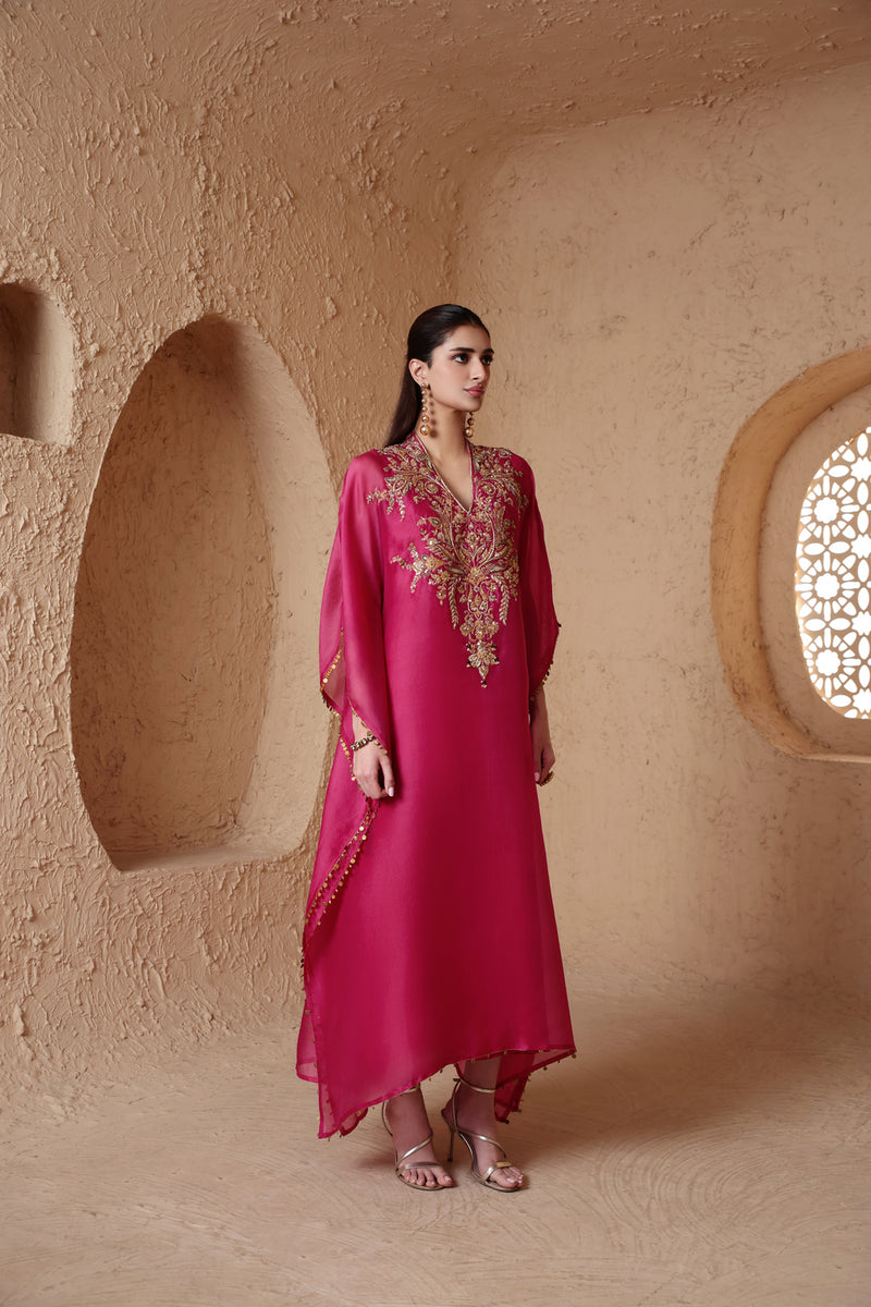 Zar-Rang Pink Heavy Kaftan Set organza kurta/kurta set by Niti Bothra in pink for women Worldwide