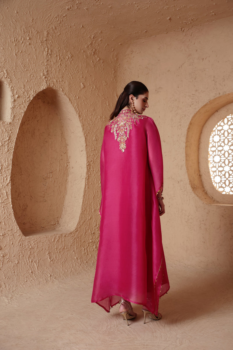 Zar-Rang Pink Heavy Kaftan Set organza kurta/kurta set by Niti Bothra in pink for women Worldwide