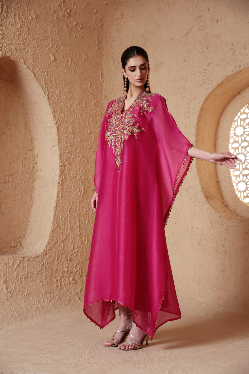 Zar-Rang Pink Heavy Kaftan Set organza kurta/kurta set by Niti Bothra in pink for women Worldwide