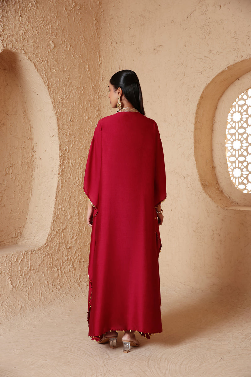 Zar-Rang Maroon V Neck Kaftan Set chiniya silk kurta/kurta set by Niti Bothra in maroon for women Worldwide