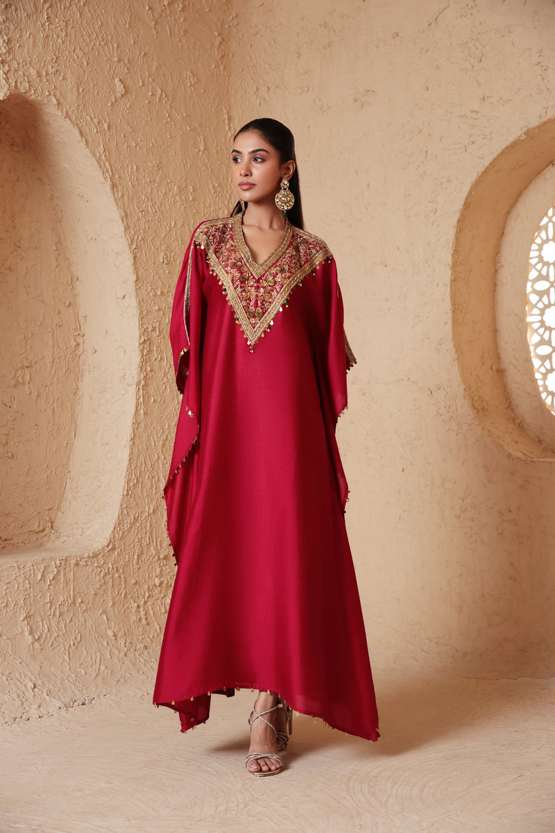 Zar-Rang Maroon V Neck Kaftan Set chiniya silk kurta/kurta set by Niti Bothra in maroon for women Worldwide