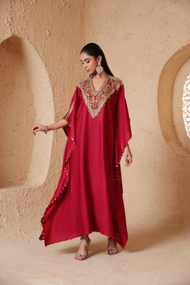 Zar-Rang Maroon V Neck Kaftan Set chiniya silk kurta/kurta set by Niti Bothra in maroon for women Worldwide