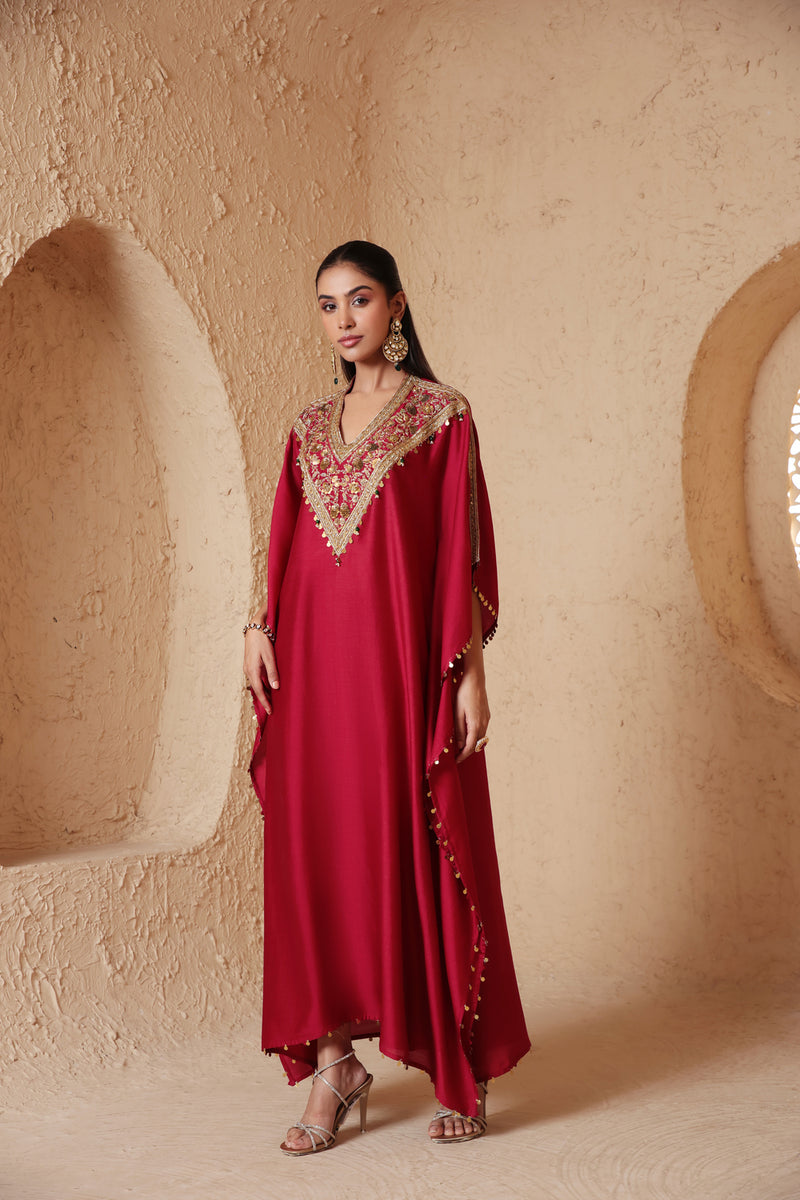 Zar-Rang Maroon V Neck Kaftan Set chiniya silk kurta/kurta set by Niti Bothra in maroon for women Worldwide