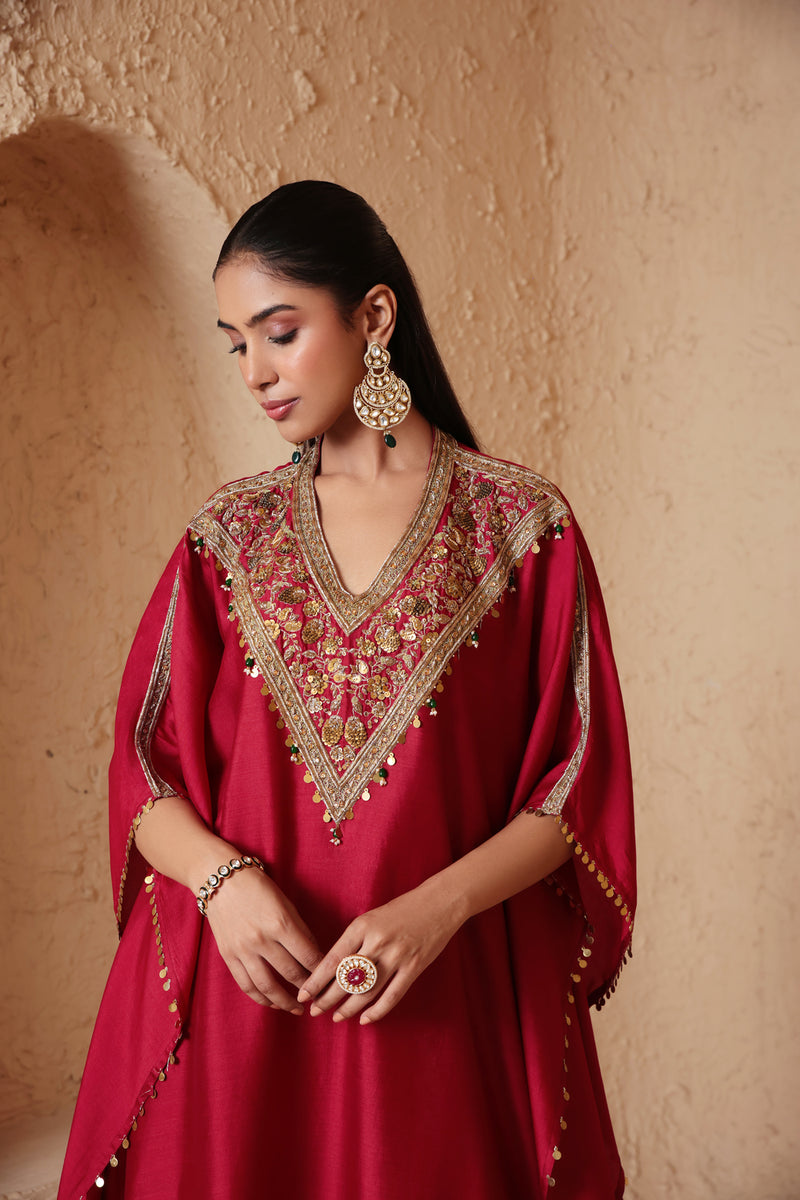 Zar-Rang Maroon V Neck Kaftan Set chiniya silk kurta/kurta set by Niti Bothra in maroon for women Worldwide