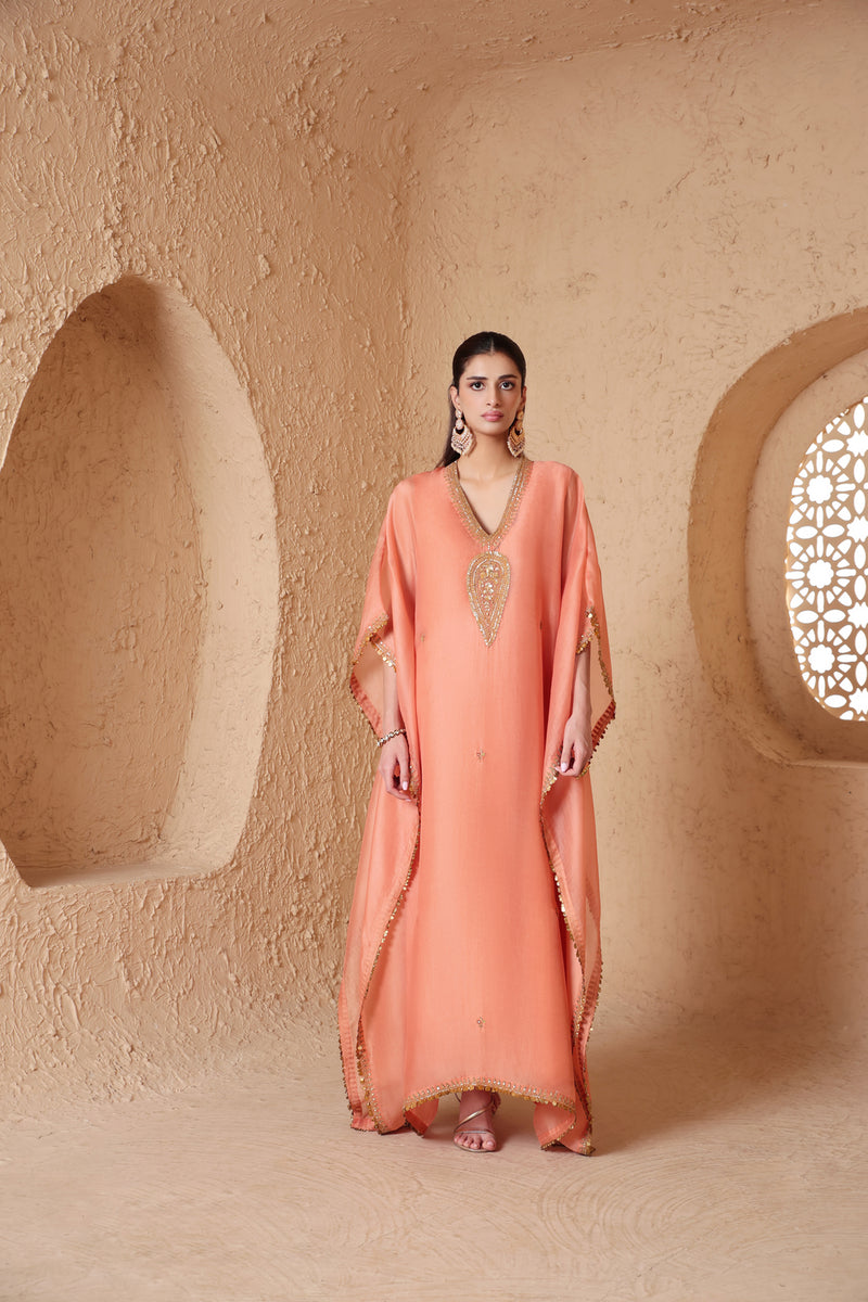 Mehrang Peach Kaftan Set organza kurta/kurta set by Niti Bothra in peach for women Worldwide