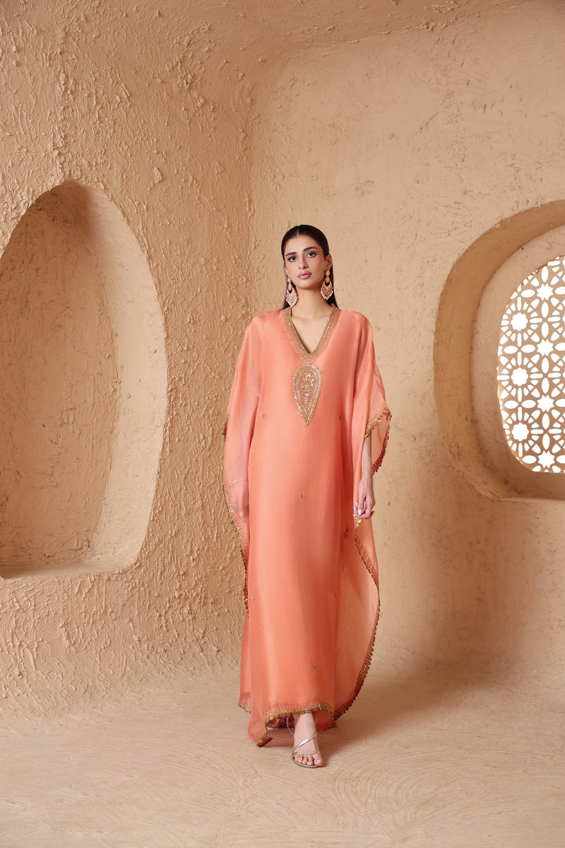 Mehrang Peach Kaftan Set organza kurta/kurta set by Niti Bothra in peach for women Worldwide