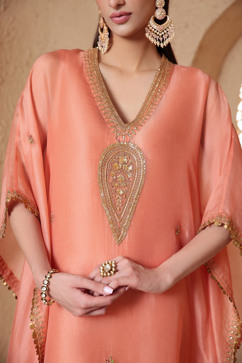 Mehrang Peach Kaftan Set organza kurta/kurta set by Niti Bothra in peach for women Worldwide