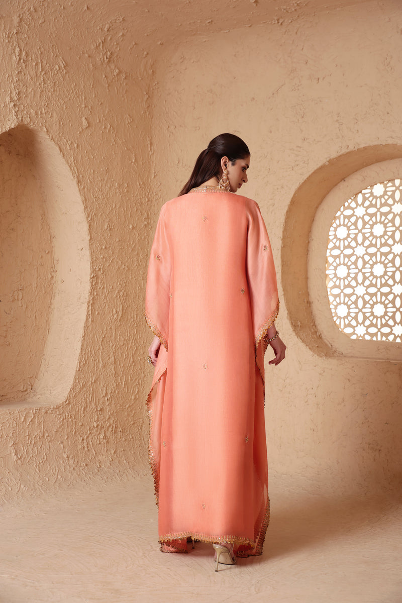 Mehrang Peach Kaftan Set organza kurta/kurta set by Niti Bothra in peach for women Worldwide
