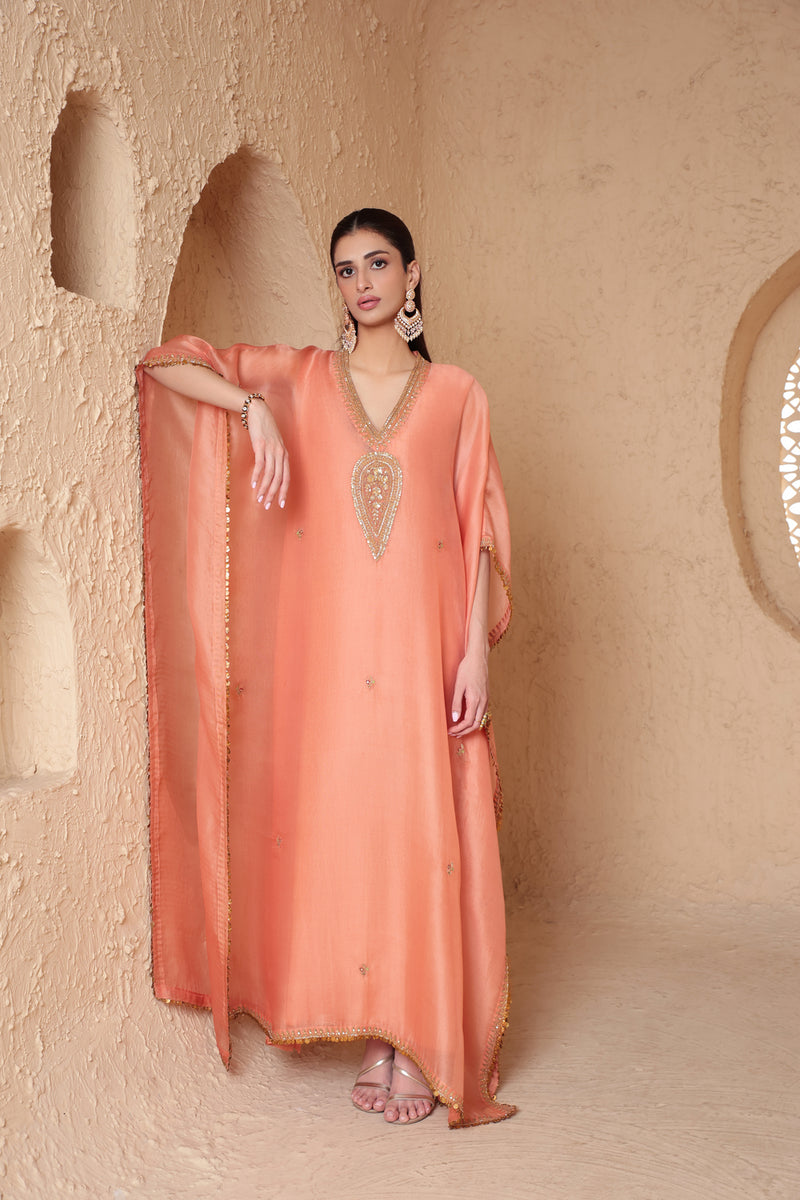 Mehrang Peach Kaftan Set organza kurta/kurta set by Niti Bothra in peach for women Worldwide