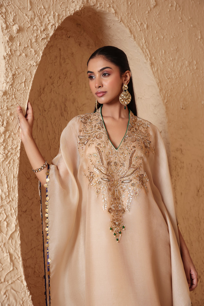 Zar-Rang Ivory Heavy Kaftan Set organza kurta/kurta set by Niti Bothra in ivory for women Worldwide