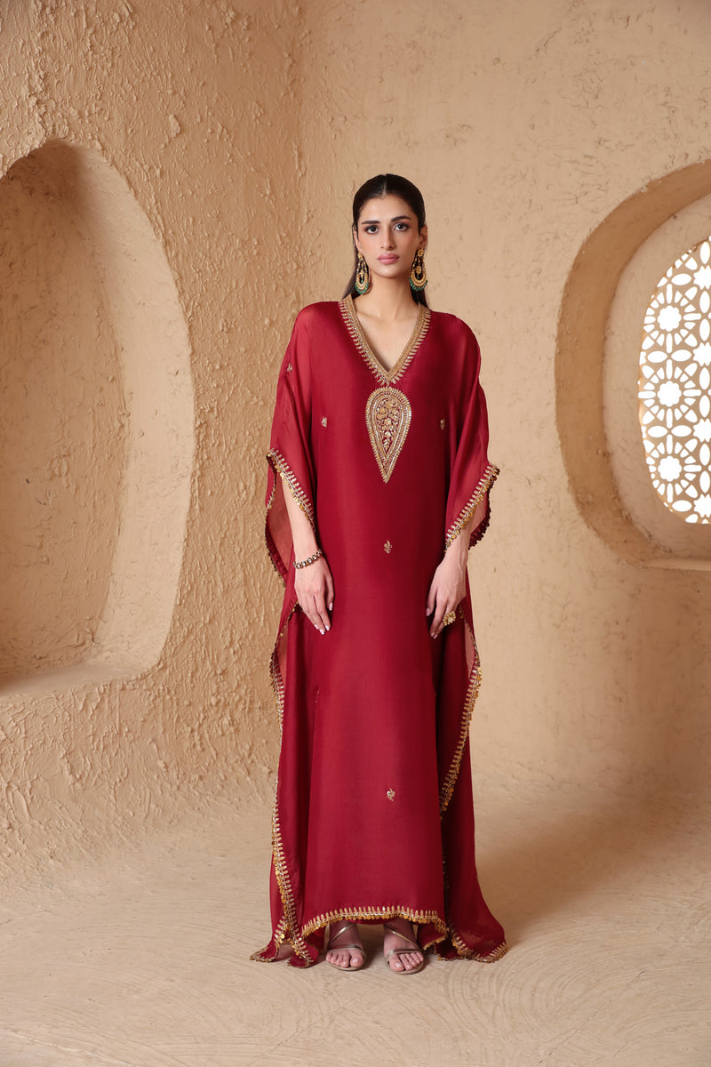 Mehrang Maroon Kaftan Set organza kurta/kurta set by Niti Bothra in maroon for women Worldwide