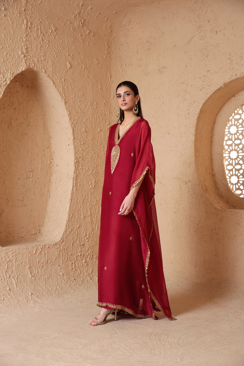 Mehrang Maroon Kaftan Set organza kurta/kurta set by Niti Bothra in maroon for women Worldwide