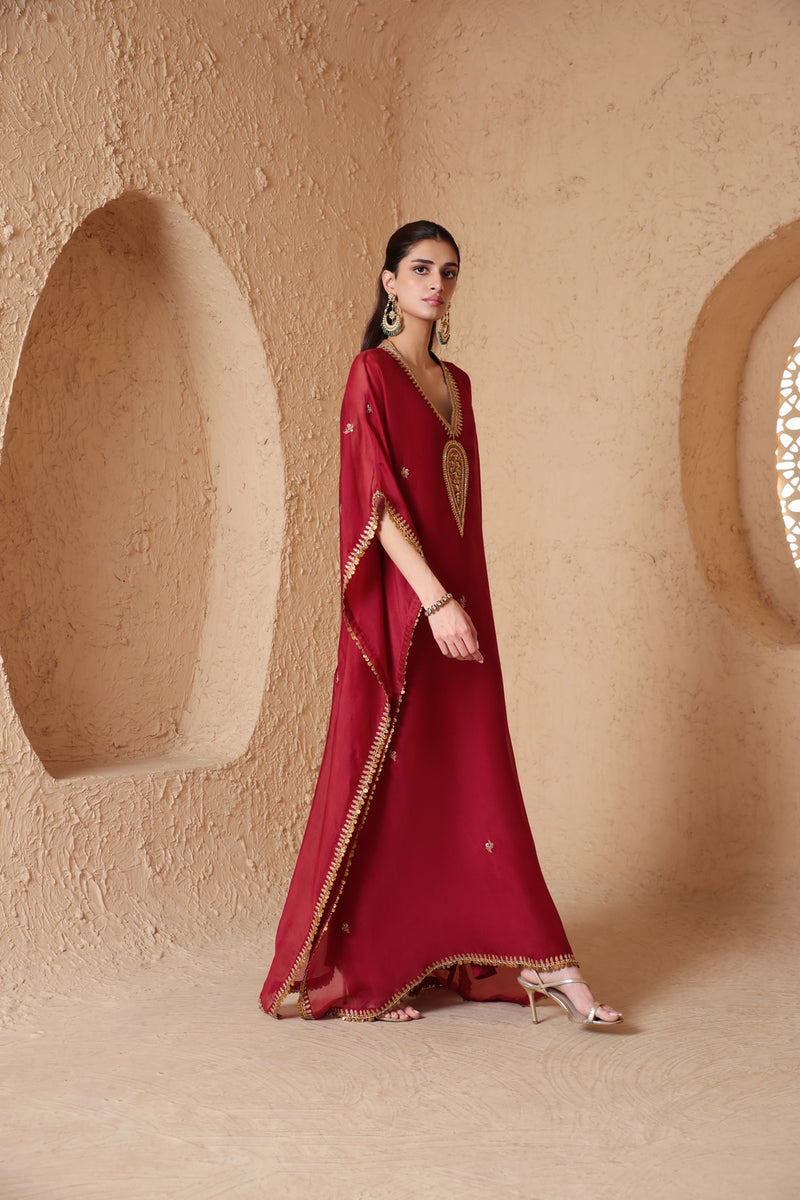 Mehrang Maroon Kaftan Set organza kurta/kurta set by Niti Bothra in maroon for women Worldwide