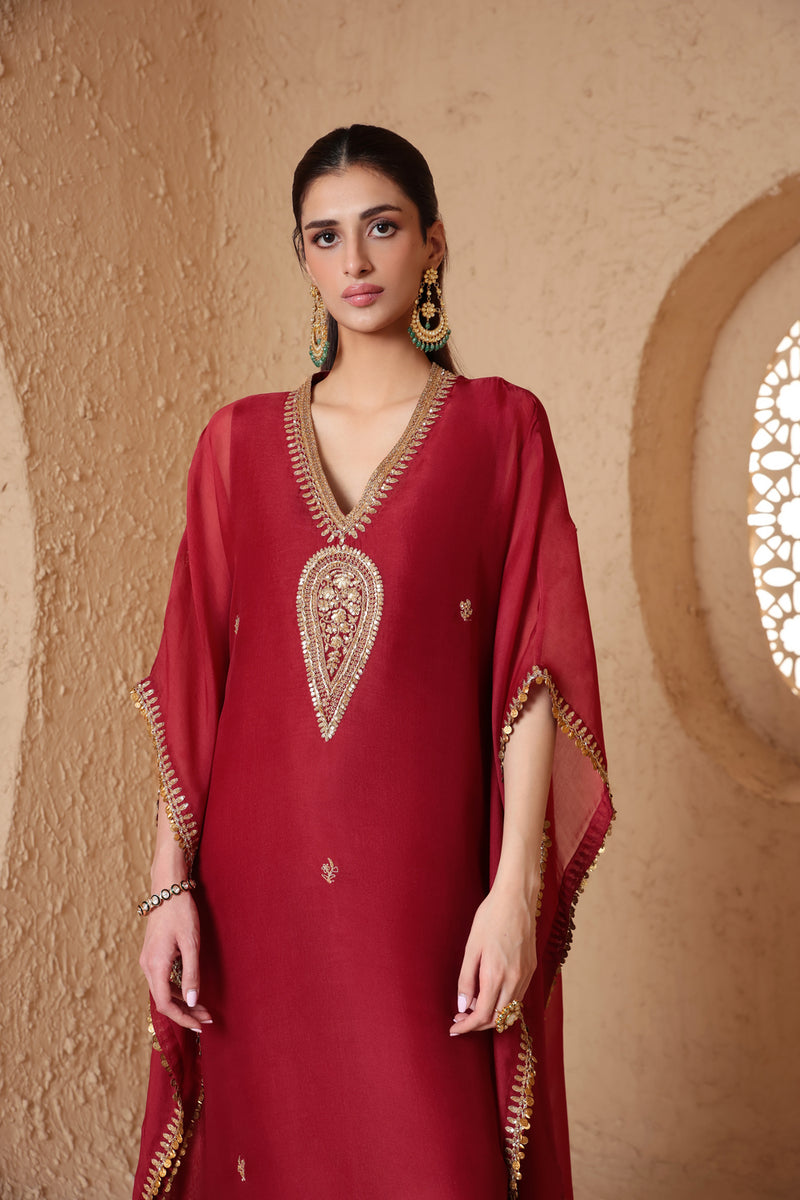 Mehrang Maroon Kaftan Set organza kurta/kurta set by Niti Bothra in maroon for women Worldwide