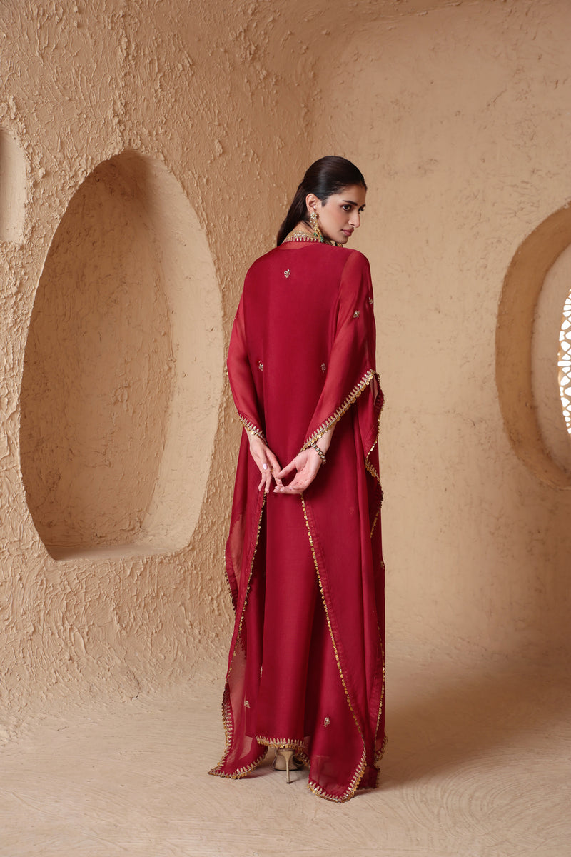 Mehrang Maroon Kaftan Set organza kurta/kurta set by Niti Bothra in maroon for women Worldwide