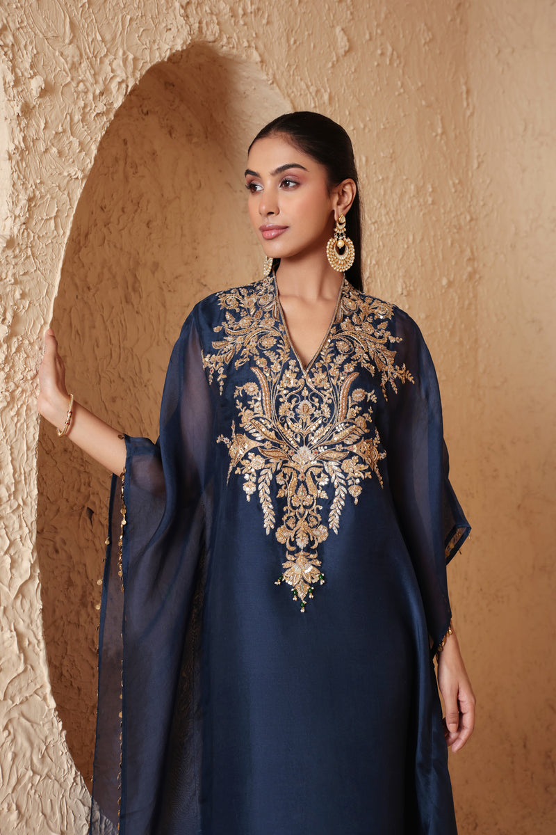 Zar-Rang Blue Heavy Kaftan set organza kurta/kurta set by Niti Bothra in blue for women Worldwide