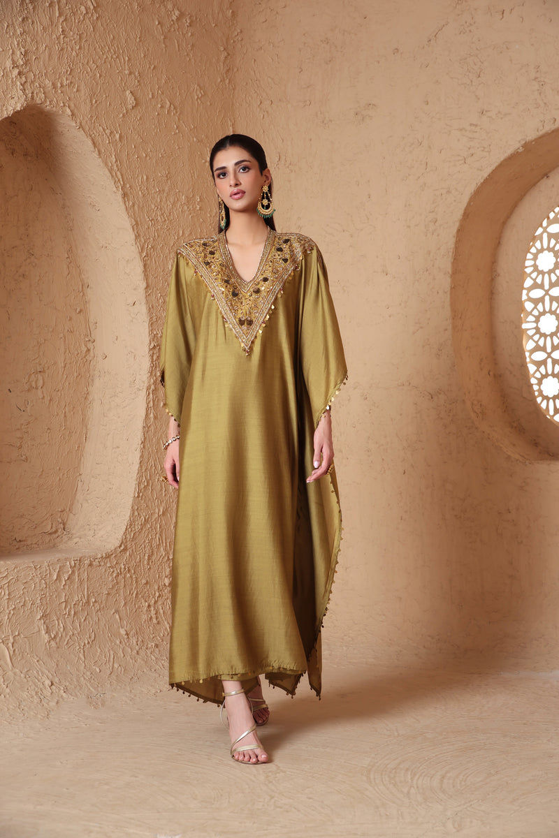 Zar-Rang Olive Green V Neck Kaftan Set chiniya silk kurta/kurta set by Niti Bothra in olive green for women Worldwide