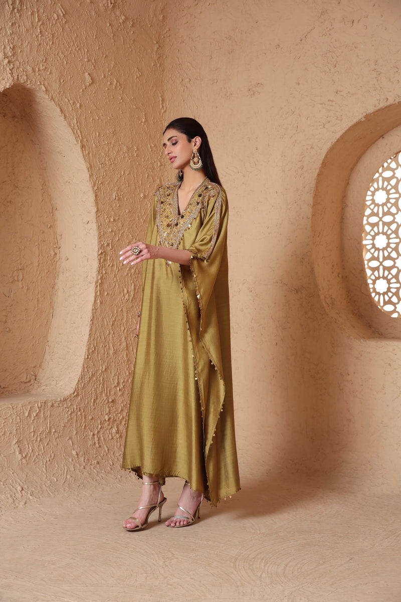 Zar-Rang Olive Green V Neck Kaftan Set chiniya silk kurta/kurta set by Niti Bothra in olive green for women Worldwide