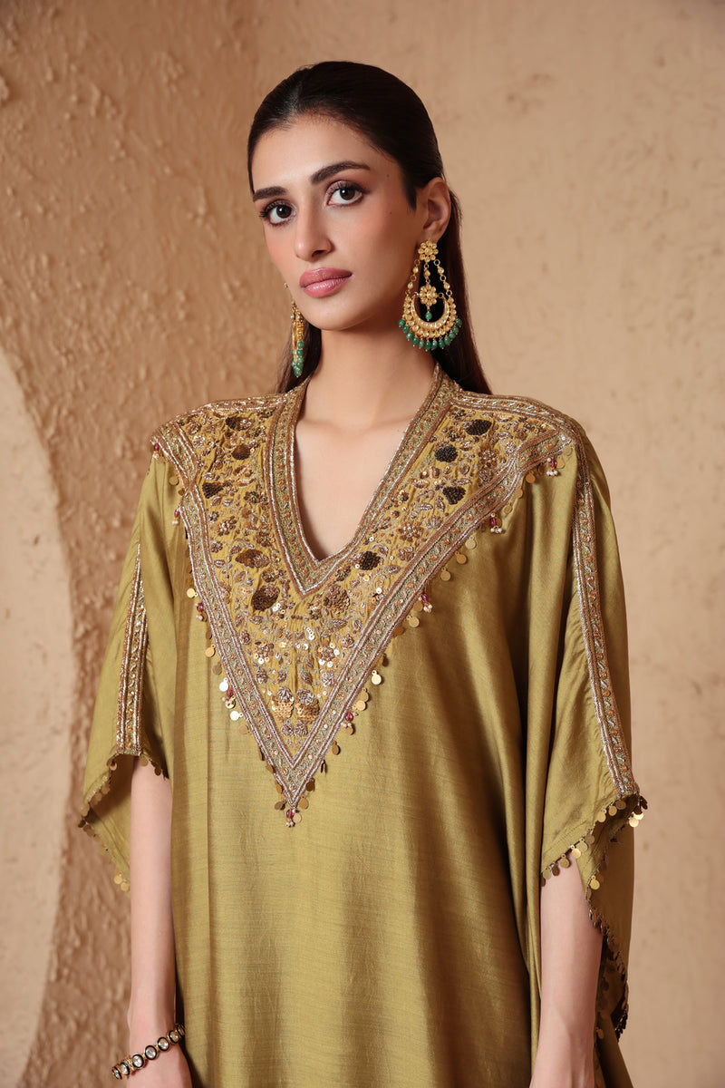 Zar-Rang Olive Green V Neck Kaftan Set chiniya silk kurta/kurta set by Niti Bothra in olive green for women Worldwide