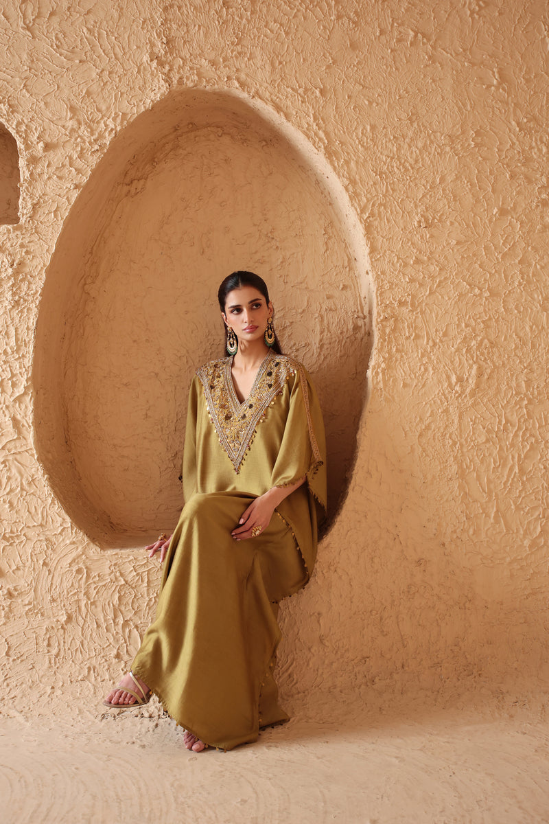 Zar-Rang Olive Green V Neck Kaftan Set chiniya silk kurta/kurta set by Niti Bothra in olive green for women Worldwide