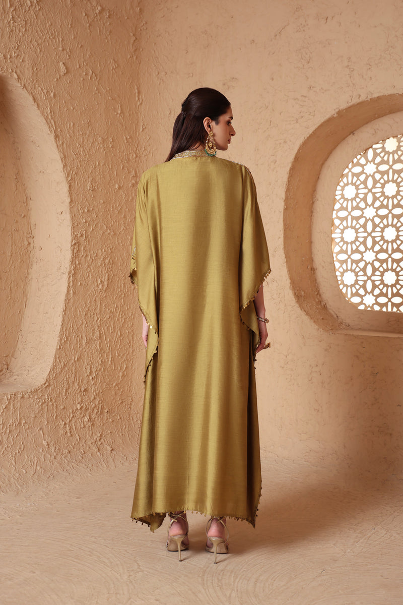 Zar-Rang Olive Green V Neck Kaftan Set chiniya silk kurta/kurta set by Niti Bothra in olive green for women Worldwide