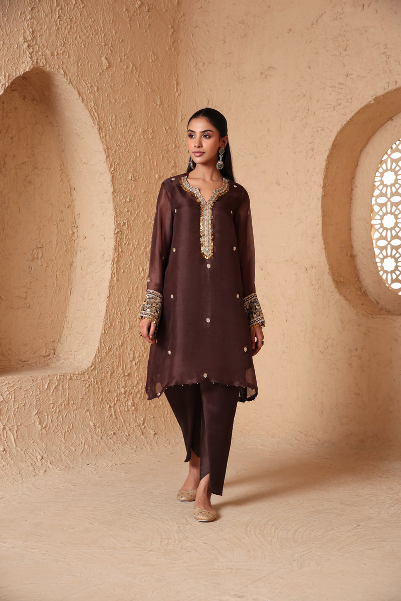 Zar-Rang Brown Short Kurta Set organza, silk tencel kurta/kurta set by Niti Bothra in brown for women Worldwide