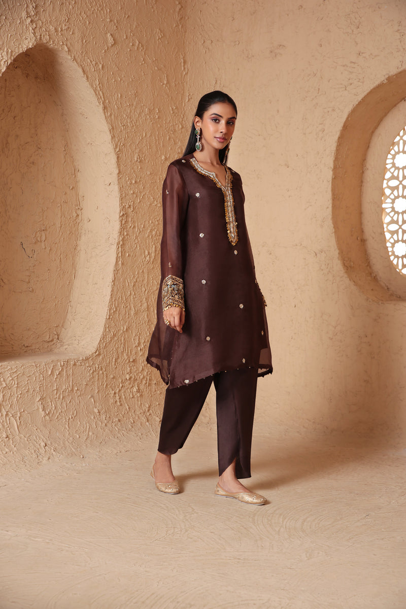 Zar-Rang Brown Short Kurta Set organza, silk tencel kurta/kurta set by Niti Bothra in brown for women Worldwide