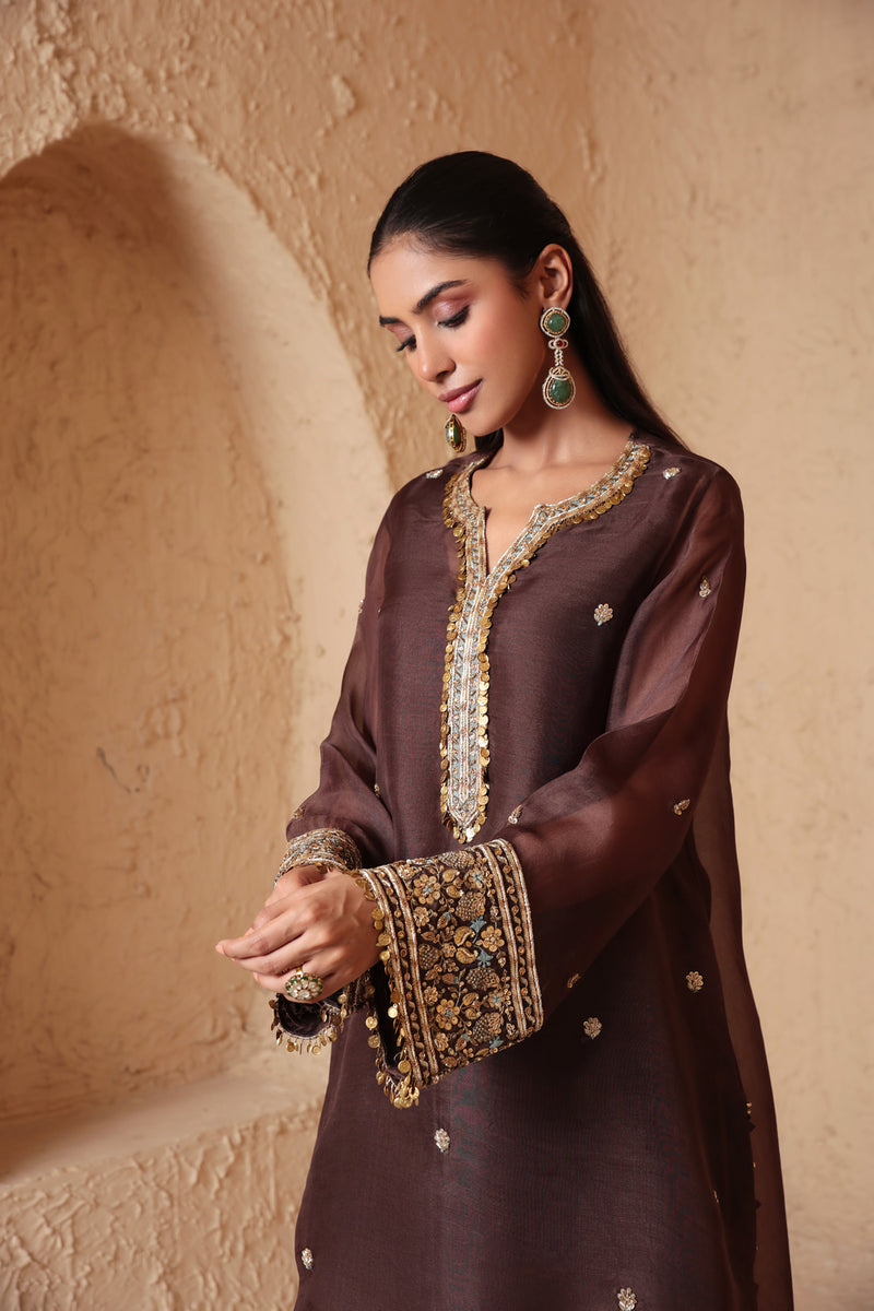 Zar-Rang Brown Short Kurta Set organza, silk tencel kurta/kurta set by Niti Bothra in brown for women Worldwide