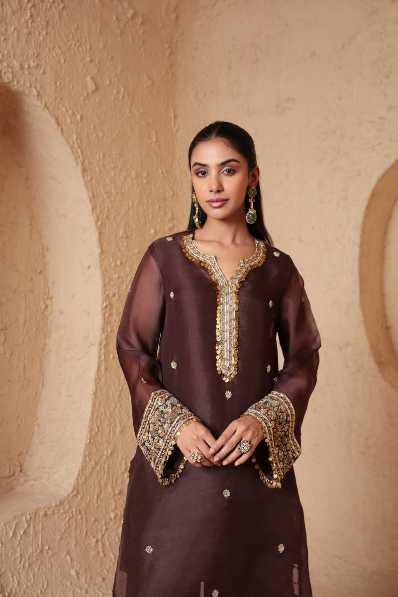 Zar-Rang Brown Short Kurta Set organza, silk tencel kurta/kurta set by Niti Bothra in brown for women Worldwide