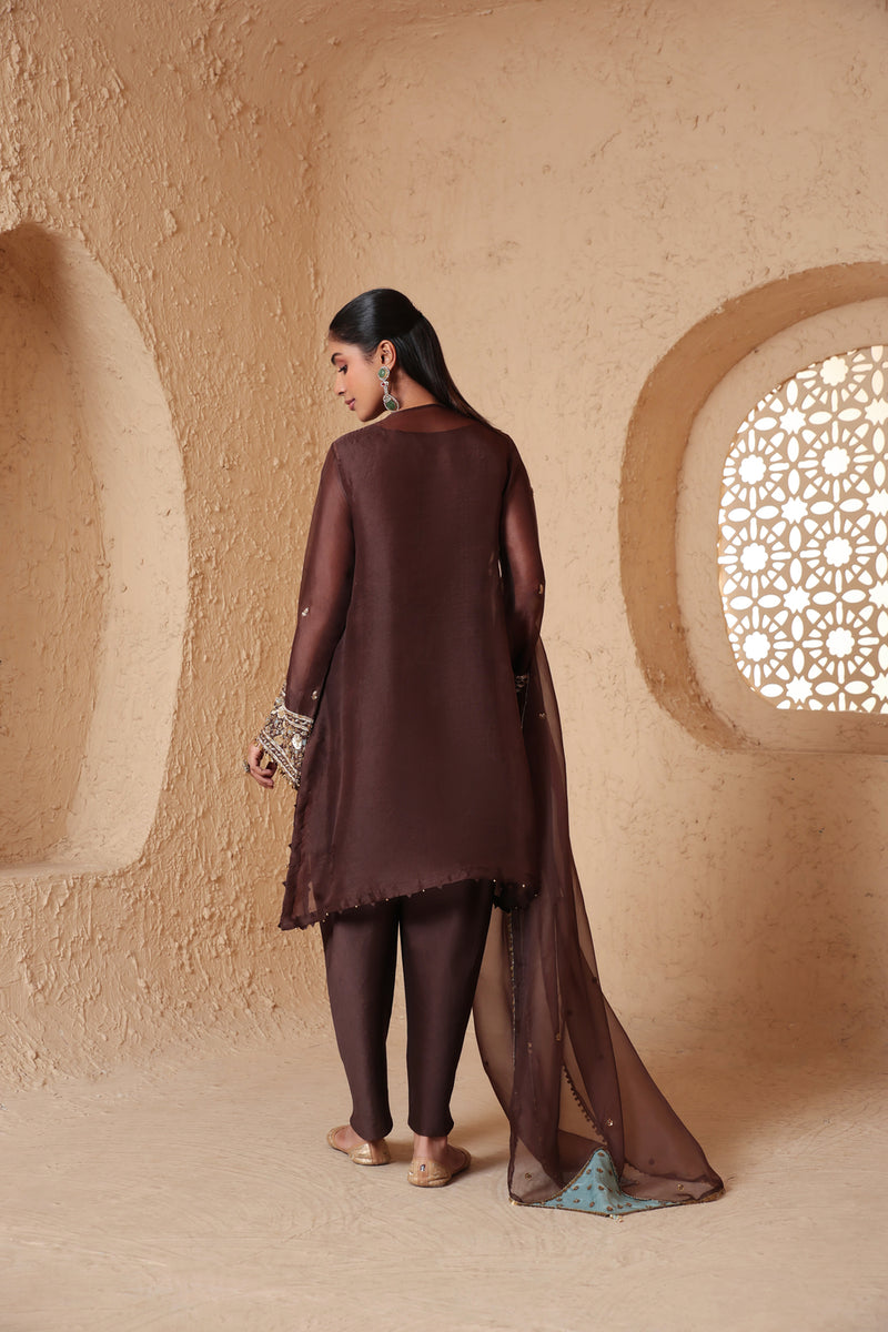 Zar-Rang Brown Short Kurta Set organza, silk tencel kurta/kurta set by Niti Bothra in brown for women Worldwide