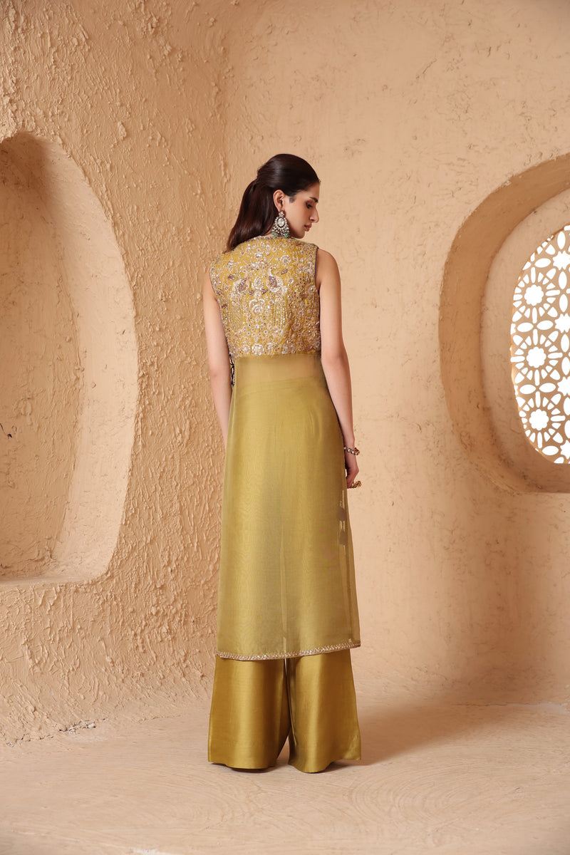Mehrang Olive Green Tie-up Sleeveless Kurta Set organza , silk tencel kurta/kurta set by Niti Bothra in green for women Worldwide