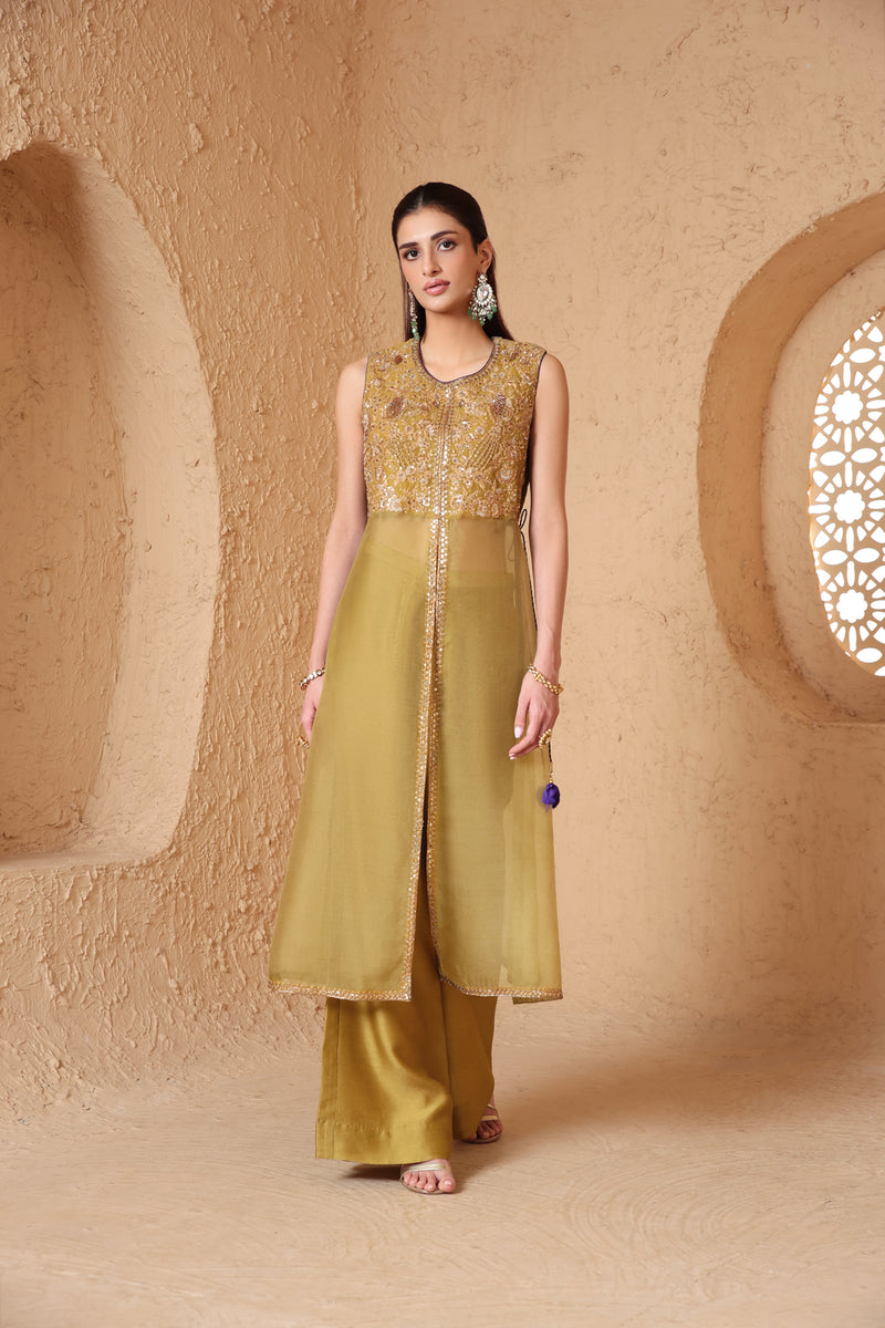 Mehrang Olive Green Tie-up Sleeveless Kurta Set organza , silk tencel kurta/kurta set by Niti Bothra in green for women Worldwide