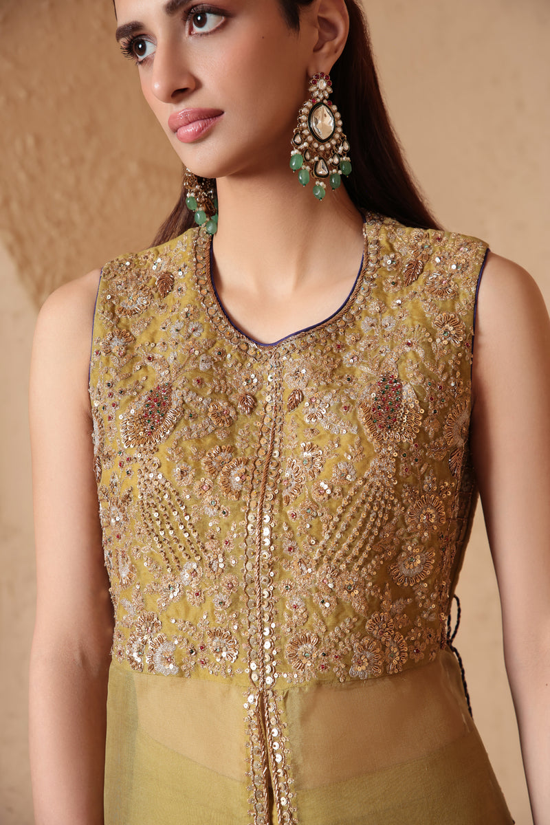 Mehrang Olive Green Tie-up Sleeveless Kurta Set organza , silk tencel kurta/kurta set by Niti Bothra in green for women Worldwide